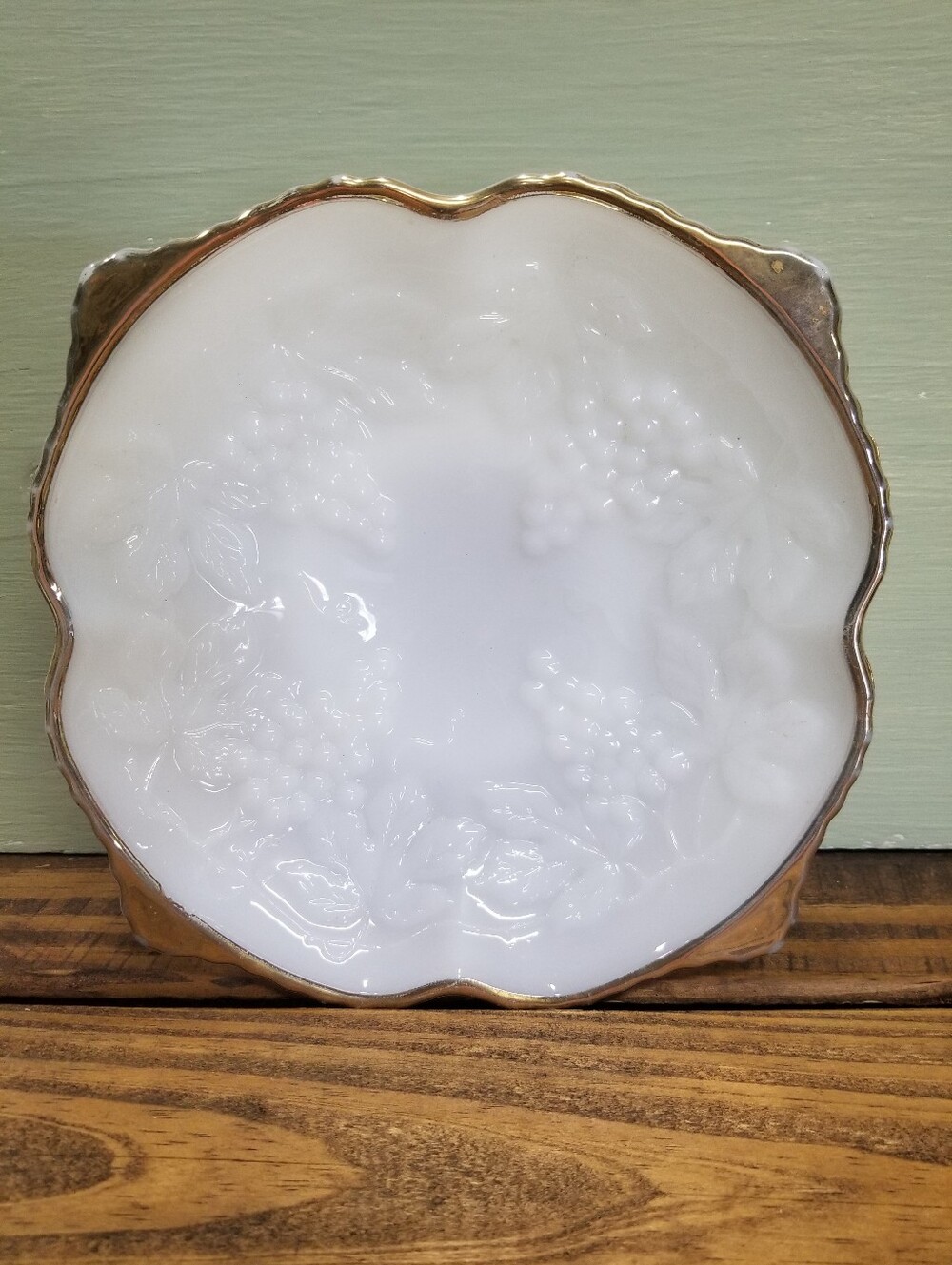 Vintage Anchor Hocking Milk Glass Gold Rim Pedestal Grape Vine Dish